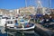 Marseille old town main harbour front with busy crowded fish market