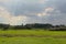 Marshland with meadows and trees under dark storm clouds sin bourgoyen nature reserve, Belgium