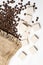 Marshmallow, coffee grains and sackcloth