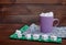 Marshmallow coffee on napkins. Christmas concept, lifestyle and