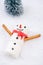 Marshmallow Funny Snowman Play in Snow. Festive Christmas Creative Concept Card