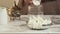 Marshmallow on a glass plate close up on marble background. Woman prepares hot chocolate