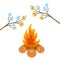 Marshmallow on tree branches cooked on bonfire vector illustration