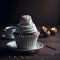 Marshmallow white magical cupcake with cup of coffee next to it - Generative AI