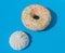 Marshmallows and a donut lie on a blue background with sharp shadows.