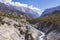 Marsyandi river valley. Himalayan mountains. Annapurna circuit trek. Nepal