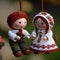 martenitsa dolls made from red and white yarn in traditional Bulgarian attire. Male and female dolls called Pizho and