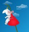 Martenitsa. Snowdrop Flower and Martisor red and white dolls with an outdoor sky background. Holiday Martisor and Baba Marta.