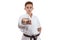 Martial art sport karate - child teen boy in white kimono training punch and block
