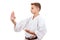 Martial art sport karate - child teen boy in white kimono training punch and block