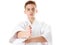 Martial art sport karate - child teen boy in white kimono training punch and block