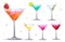 Martini cocktail glasses. Margarita, Blue lagoon, Daiquiri, Cosmopolitan, Dry