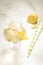Martini cocktail with ice and a lemon/Martini cocktail with ice and a lemon on a white marble background. Top view