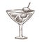 Martini cocktail with olives on toothpick in glass isolated sketch