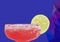 Martini fresh drink vector watercolor. Cold ice cocktail and lime slice on blue backgrounds