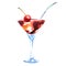 Martini glass with cherry, alcoholic red cocktail with straw, isolated, hand drawn watercolor illustration on white