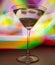 A martini glass with a cocktail in beautiful light of different colors