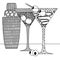 martini glasses with olives and shaker in the style of Zenart, doodle, zentangle, black and white still life