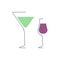 Martini and liquor glass in minimalist linear style. Contour of glassware on left side in form of fine black line. Drink is