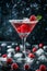 Martini With Raspberries and Ice on Table