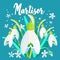 Martisor celebrating postcard with lettering and snowdrops flower. Baba Marta holiday concept. Martenitsa