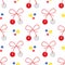 Martisor talismans, gifts, traditional accessories and colorful flowers vector seamless pattern background