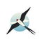 Martlet flying with wide open wings. Blue sky with clouds in circle shape. Wildlife theme. Flat vector icon
