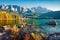 Marvelous evening scene of Eibsee lake with Zugspitze mountain range on background. Exciting autumn view of Bavarian Alps, Germany