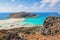 Marvelous landscape of a rocky hill, Balos beach with fantastic white sand and three seas: Ionian, Aegean and Libyan. Great summer