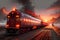 Marvelous Long Red Train Continuing its Journey on Rails amidst the Wonderful Background of Sunset\\\'s Glorious Crimson. AI