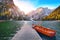 Marvelous scenery of famous alpine lake Braies at autumn