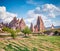 Marvelous summer scene of Cappadocia. Wonderful morning view of Red Rose valley. Cavusin village located, district of Nevsehir, Tu