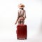 Mary Holding Red Suitcase Hat: A Stylish Rear View