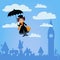 Mary Poppins flies over London. Vector Illustration
