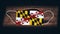 Maryland Flag. Coronavirus Covid 19 in U.S. State. Medical mask isolate on a black background. Face and mouth masks for protection