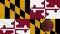 Maryland flag waving and basketball ball rotates, loop