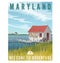 Maryland travel poster. Fishing shack with crab traps and buoys.