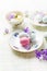 Marzipan Easter eggs on vintage plates and in cups