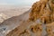 Masada UNESCO world heritage site, the Dead Sea in Israel seen from above in an aerial skyline photo