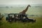 Masai giraffe stands by truck in grassland
