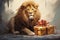 A Masai lion with whiskers and a snout sits by an artfully wrapped gift box