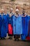 Masai or Maasai tribe woman in blue cloth wearing headpiece and ornaments. Ethnic group of Ngorongoro Consevation, Serengeti in