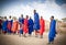 Masai warriors dancing traditional jumps as cultural ceremony. T