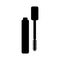 Mascara silhouette icon. Set of separate tube, eyelash brush. Black simple illustration of decorative cosmetics, makeup. Flat