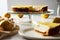 Mascarpone cheesecake with lemon curd and shortbread base. White marble background. High key food photo