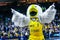 The mascot of Alba Berlin entertains the audience during the EuroLeague match