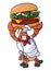 the mascot character of a lobster works as a professional chef posing with a big and delicious hamburger