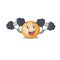 Mascot design of smiling Fitness exercise staphylocuccus aureus lift up barbells
