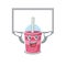 Mascot design of strawberry bubble tea lift up a board