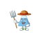 Mascot design style of Farmer blue chemical bottle with hat and pitchfork